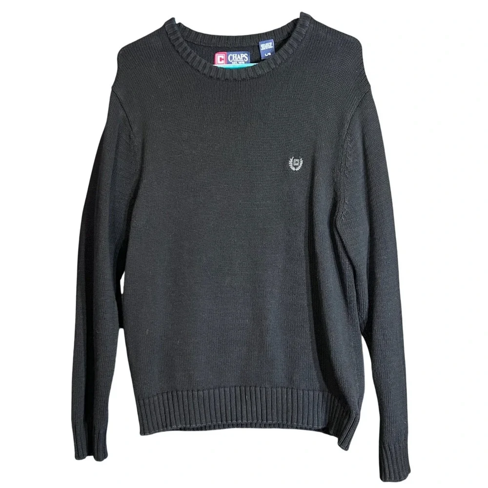 Chaps Mens Size Large Black Crewneck Sweater Crest Logo Long Sleeve Cotton - Picture 2 of 11